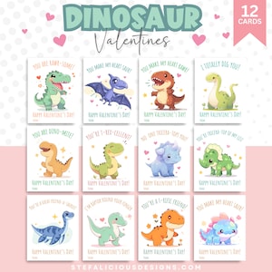 12 Printable Cute Dinosaur Pun Valentine's Day Card Set, Valentine's Day Card, Valentines Day, Kids Valentine, School, Classroom, Funny Cute