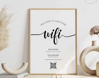 Panneau de mot de passe WiFi, modèle de panneau WiFi modifiable, mot de passe WiFi imprimable, 4 x 6, 5 x 7, 8 x 10, téléchargement immédiat, art mural, impression, code QR personnalisé