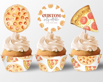 Pizza Cupcake Toppers, Printable Cupcake Wrappers, Custom Editable Template, Slice Slice Baby Shower, Pizzeria Baby Sprinkle, Kids Birthday