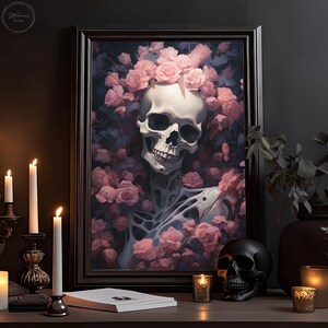 Botanical Skeleton Painting, Pink Floral Wall Art Print, Vintage Poster, Art Poster Print, Dark Academia, Haunting Ghost, Halloween Decor