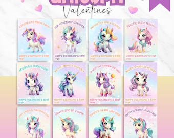 12 conjunto de tarjetas imprimibles del día de San Valentín de unicornio, tarjetas del día de San Valentín para niños regalo de aula, lindo unicornio mágico arco iris de San Valentín para niña