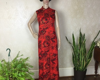 SALE Vintage  Gold & red  Hawaiian   Maxi Dress, Tikki Mummu ,  Mandarin Collar Sm ,