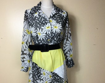 Vintage 60s Yellow & Black Floral  Dress Sheer   full,  sweep Cotton  voile dress  bust 38