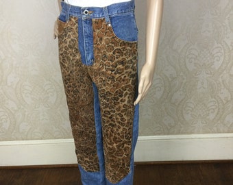 Vintage WESTERN DENIM JEANS  , Denim with faux leopard inserts, Jodpur  Cowboy jeans Waist 28”