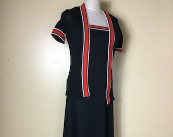SALE Vintage 70s Maxi Sundress and jacket preppy navy red  stripes , border print 1970s long Dress small