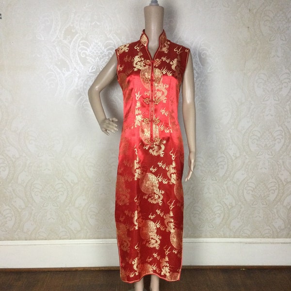 Vintage  Red & Gold cheongsam  Satin oriental asian maxi dress L