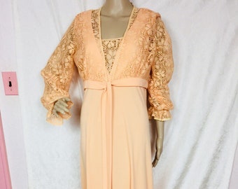 Vintage 80s Peach Gown & Lace Bolero, Mother of the Bride , L
