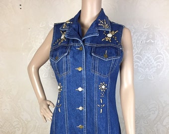 Vintage 90S DENIM dress m sleeveless bedazzled SM