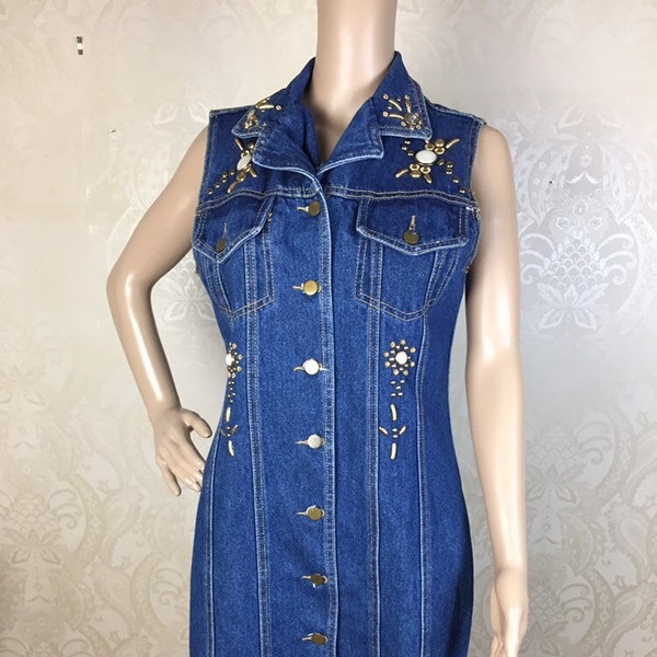 Vintage 90S bedazzled Denim Dress Jean Dress 90s Denim Dress,Boho Dress S