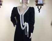 80s Black Velveteen Dress, Embellished ,M,PEARLS designer rare dress, Dynasty Dress S -M