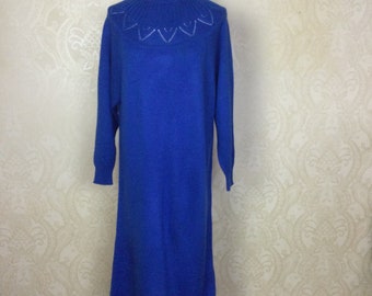 Vintage 80s Cobalt Blue Sweater Dress , 1980s MIDI Sweater Knit Dress, Belted , M