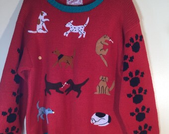 Vintage 80s Dog Graphic Sweater, Novelty Puppy Print, Size Sm-M