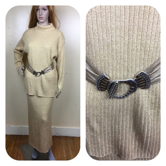 Vintage Gold Lame knit Dress,Gold Metallic Ribbed