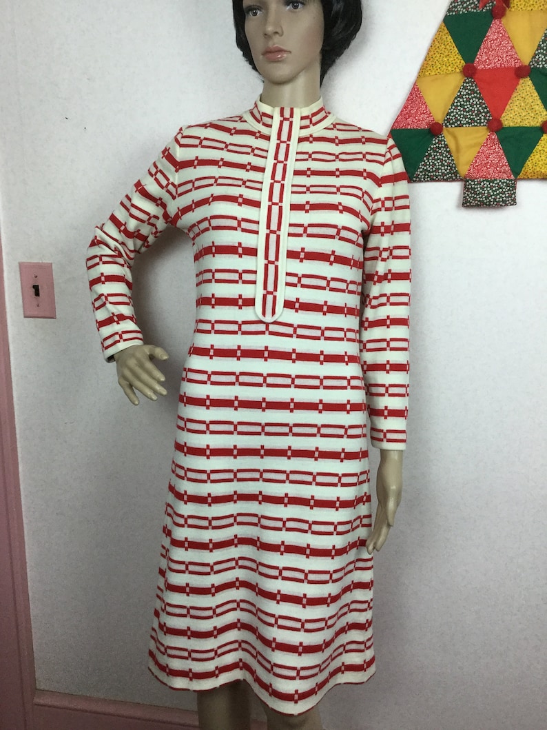 New Old Stock 1960s Mod Dress Vintage 70s Red /&White Italian Knit Dress MED