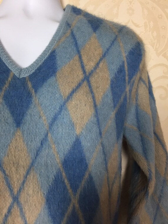 Vintage 50s  Mohair  Sweater, Blue  argyle wool,1… - image 2