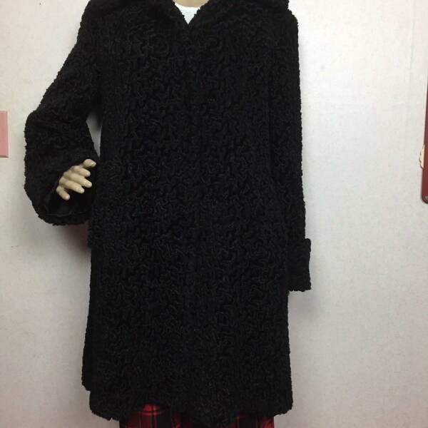 vintage 40s black curly persian lamb coat swing trapeze style Coat, Medium