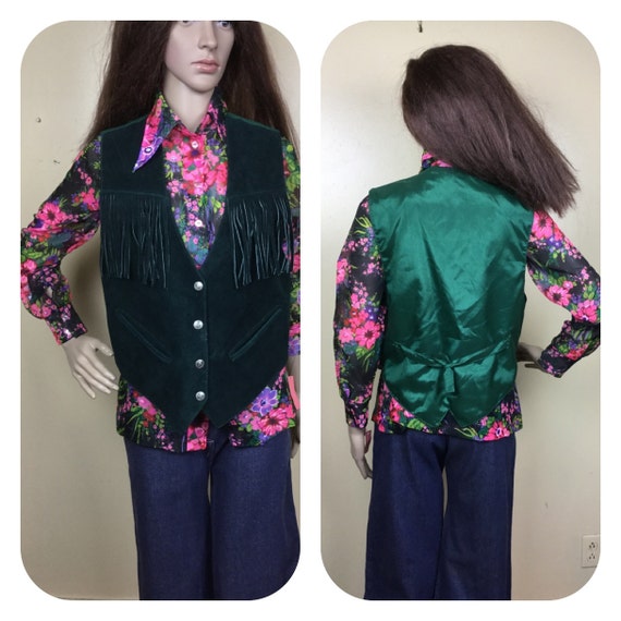 Vintage 70s hippie fringe vest , Green Suede leat… - image 9
