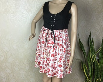 Robe corset Drindl vintage des années 60, petite trachten allemand vintage motif fruits de l'Oktoberfest