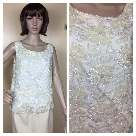 Vintage 50s Beaded Shirt, White Cocktail Top, orna