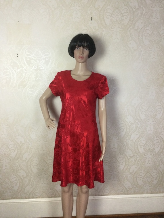 Red Valentines Dress, Red Foral Satin Brocade Flat
