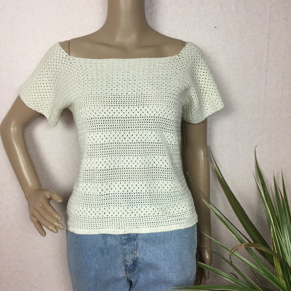 Vintage  70s creamy Crochet  70s top vest, boho top, hippie vest 1970s sears junior bazaar knit top S