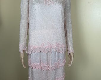 Vintage 80s Pink Beaded Silk Dress Set: Flapper Style Party Gown