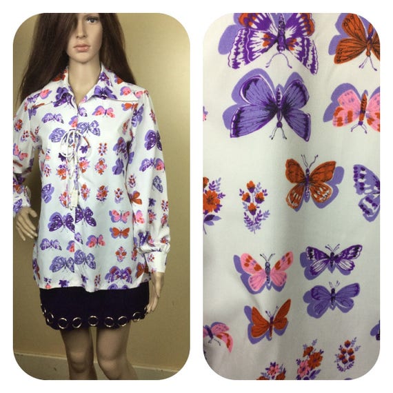 Butterfly Top , Vintage 70s Top , purple Butterfl… - image 2