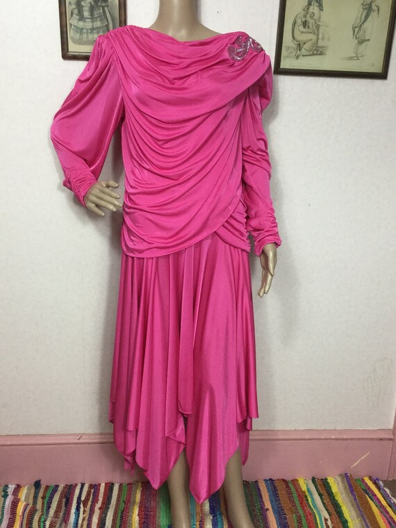 70s Hot Pink Disco Dress, embellishment , 80s Disc