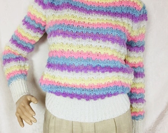 Vintage 70s Striped Popcorn Knit Sweater, Pastel Fairy Kei