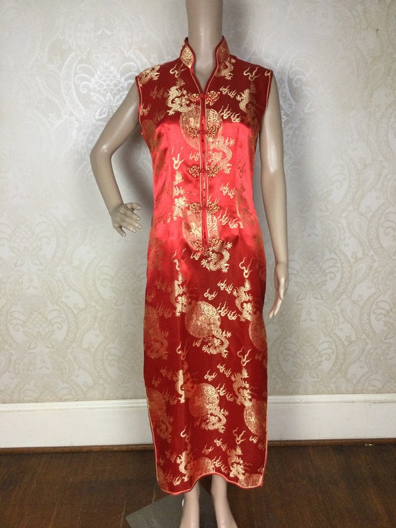 Vintage  Red & Gold cheongsam  Satin oriental asi… - image 6