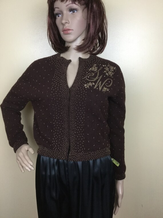 Vintage 50s Beaded Cardigan sweater 1950s Brown  … - image 1