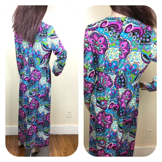 Vintage 60s psychedelic  barkcloth Dress, Maxi Dr… - image 3