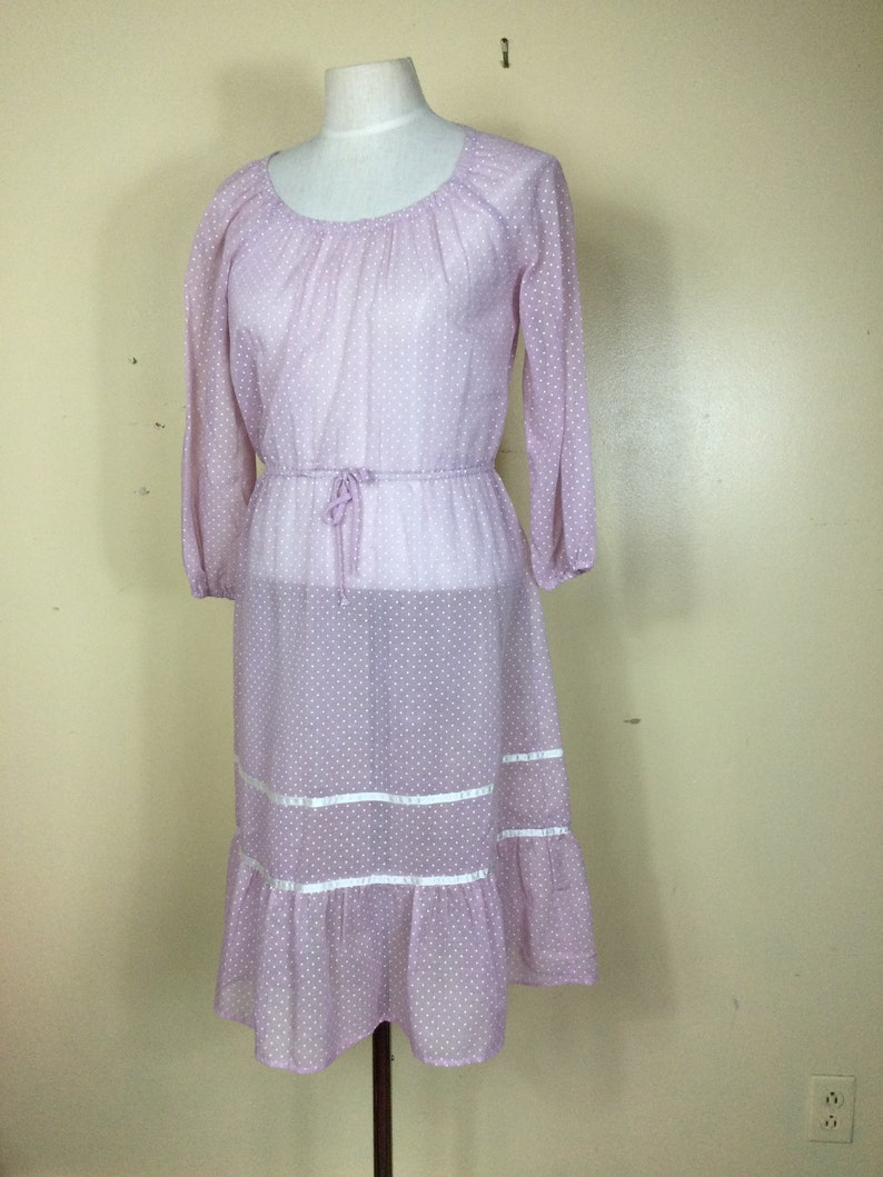 Vintage 70s lavender polka dot prairie dress , Sm M image 4