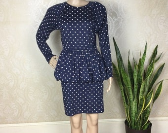 Vintage 80s Polka Dot Peplum Dress, Navy & White, Made in USA