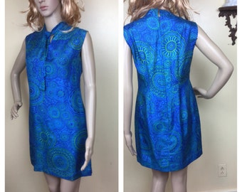 SALE 60s Mod Dress 1970s MEd Ascot Tie peacock Blue Go Go