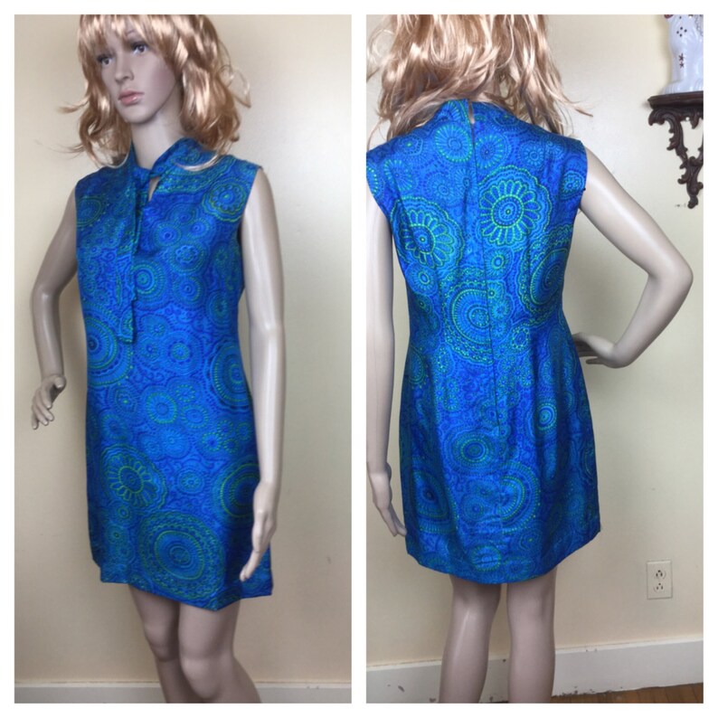 SALE 60s Mod Dress 1970s MEd Ascot Tie peacock Blue Go Go