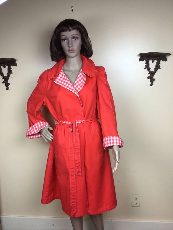 Red Gingham Coat, Wrap Reversible Spring Coat, MI… - image 1