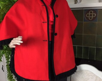 Vintage  60S CAPE, Red  cape , reversible black faux fur , 1960s Wool Winter Coat ,  Mod 60s Cape Navy Plaid 1960s belted cape