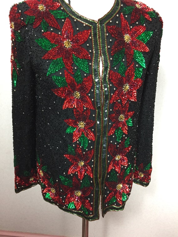 80s Beaded jacket , vintage cocktail poinsettia fl