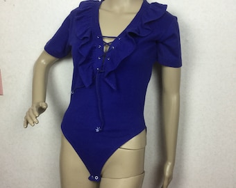 Vtg  70s Cobalt Blue  Bodysuit 1970S Stretchy Ruffled  Bodysuit  , NWT , S