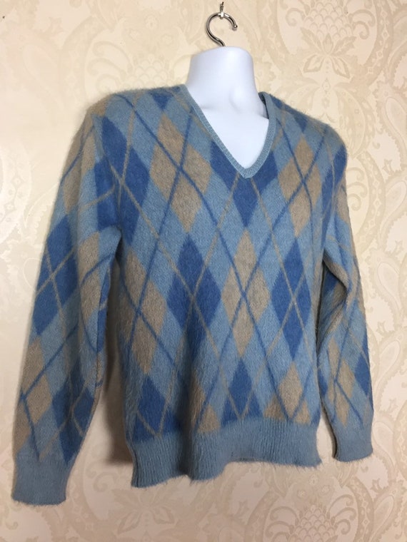 Vintage 50s  Mohair  Sweater, Blue  argyle wool,1… - image 7