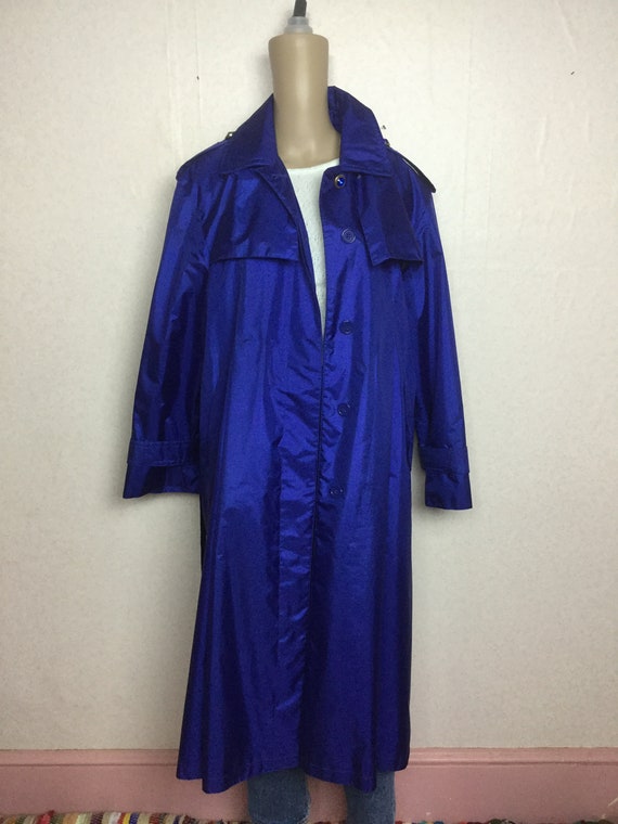 Vintage 80s Metallic Raincoat , Cerulean Blue Tre… - image 2