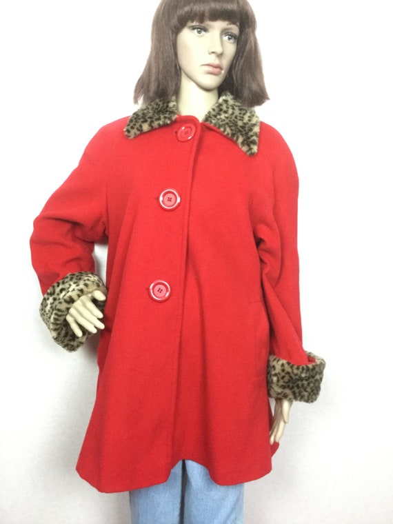 80s red swing Coat, Vintage leopard fur COLLAR Coa