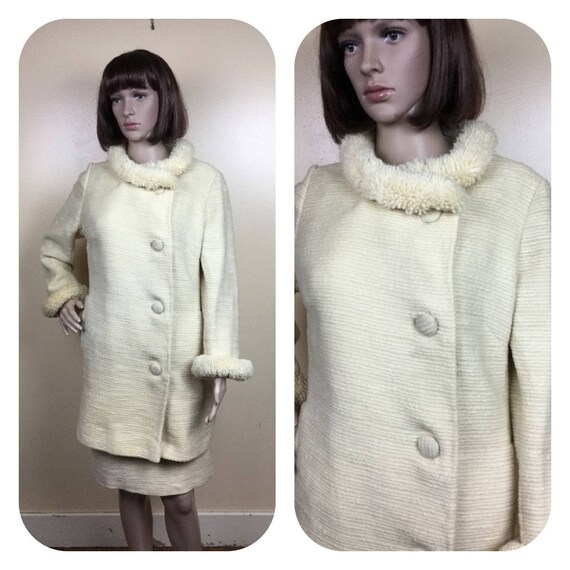 Vintage 60s Suit , poodle trim creamy ivory Wool