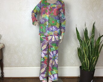 Vintage  70s   ,Purple Floral Shirt & Pants , NOS Mod
