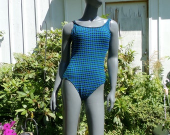 Vintage  80s swimsuit blue plaid tank style o  SM)