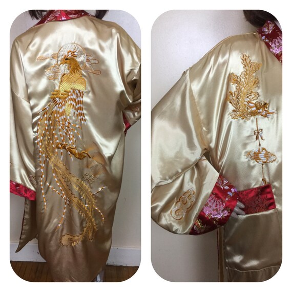 Vintage Embroidered Asian Kimono , Red Brocade Du… - image 2
