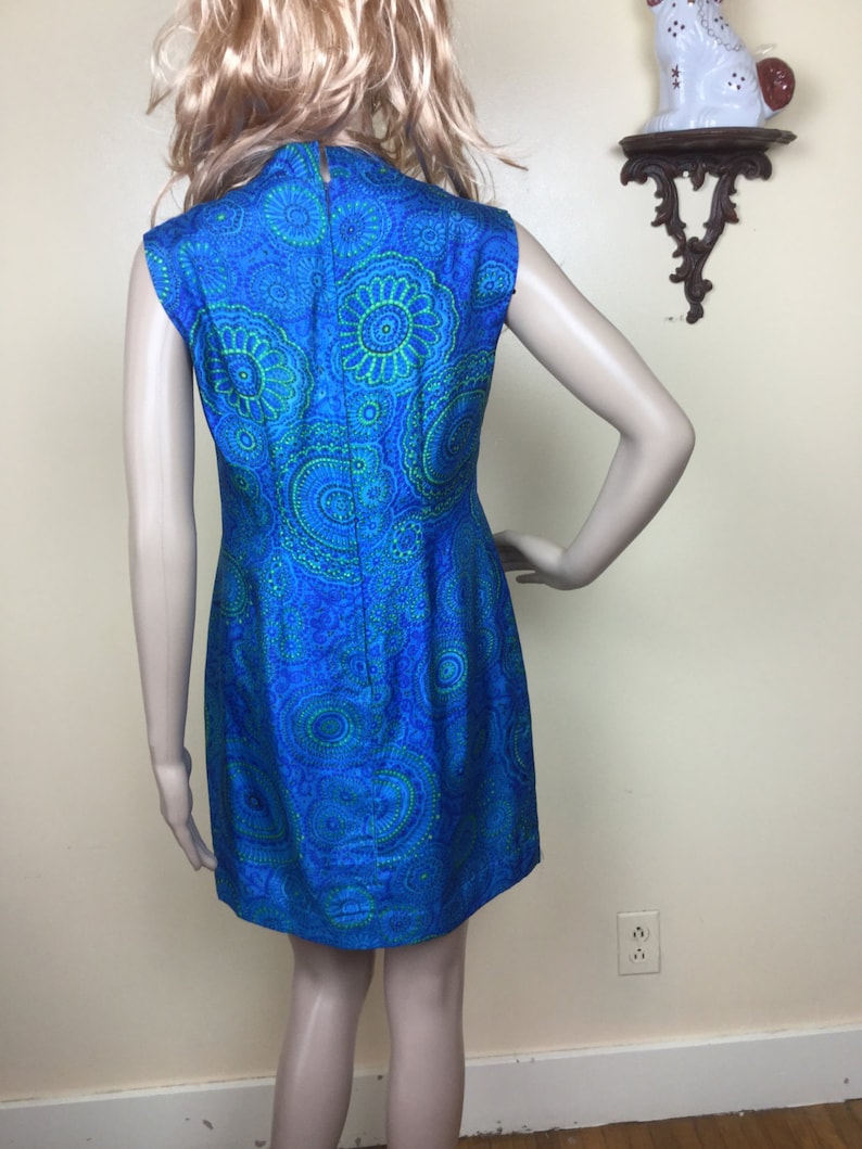 SALE 60s Mod Dress 1970s MEd Ascot Tie peacock Blue Go Go