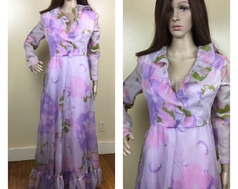 Vintage 70s Lavender Maxi Dress , sheer Chiffon Floral Gown , Bridesmaid Retro Wedding Dress Sm
