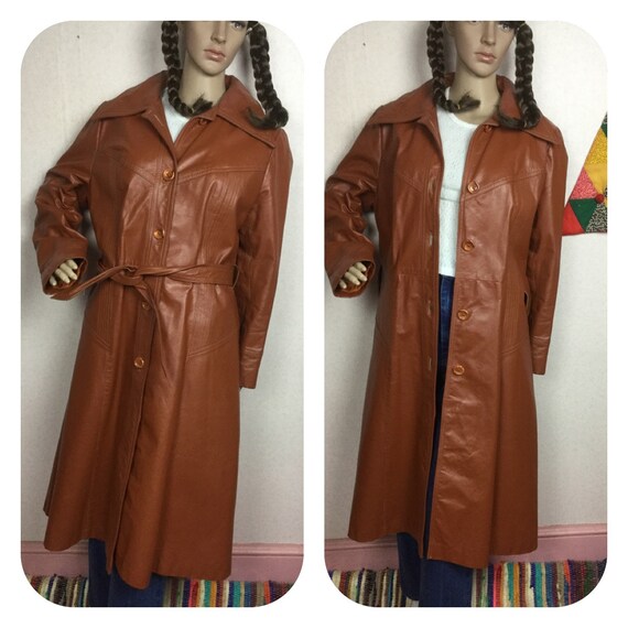 Vintage 70s Brown leather trenchcoat ,Hippie Boho